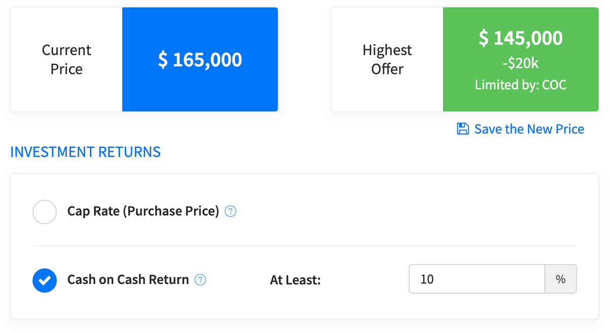 Calculate your highest offer prices based on custom investment criteria