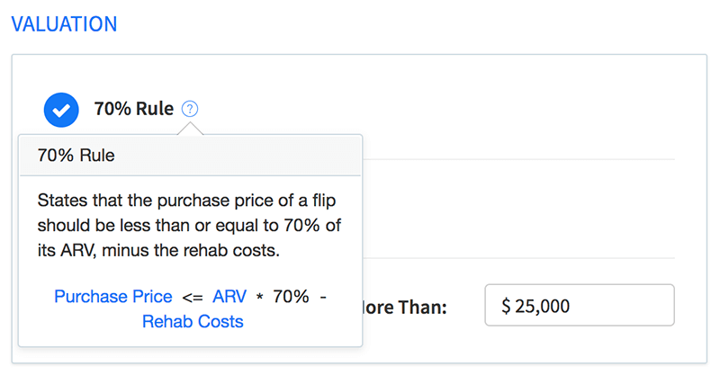 70% Rule criteria for flips & rehab projects