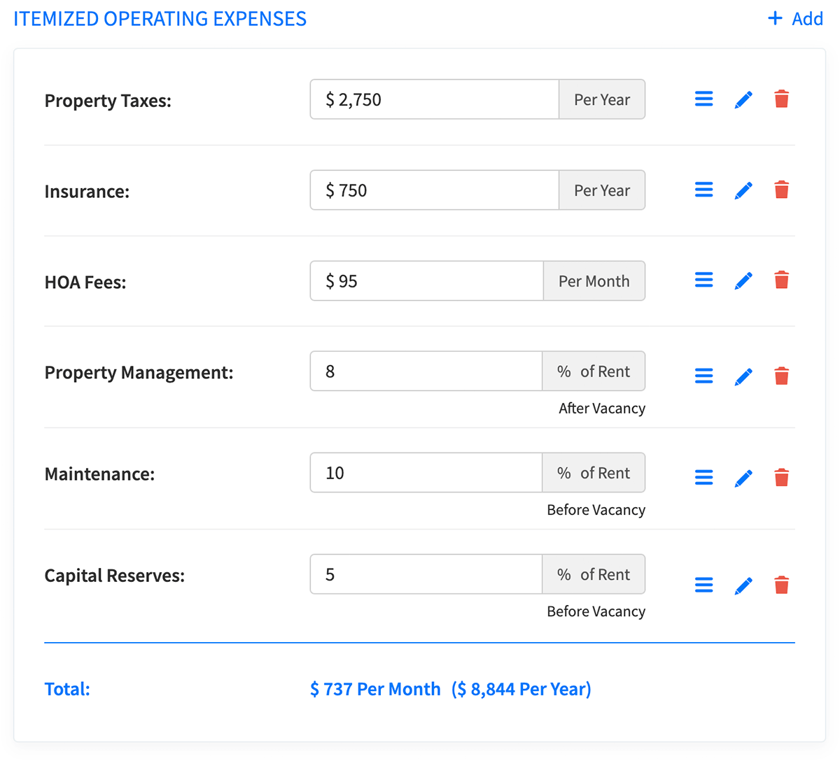 Highly customizable investment property worksheets