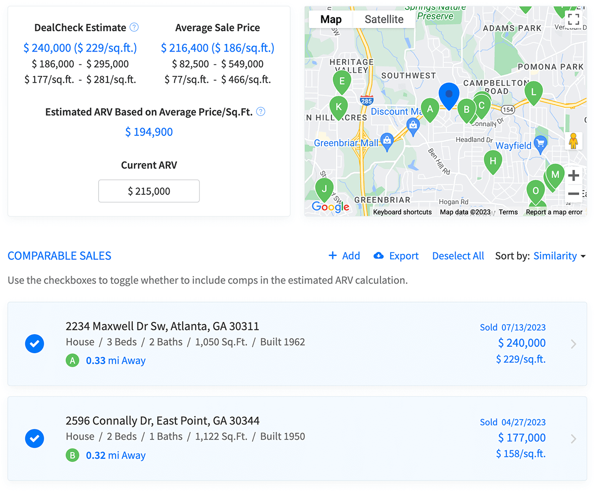 View recent comparable sales, comparable rental listings, ARV and rent estimates