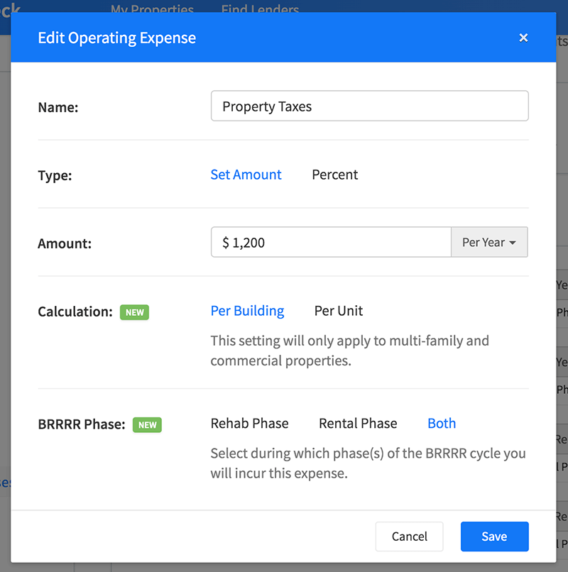 Customize operating expenses for rentals & BRRRRs