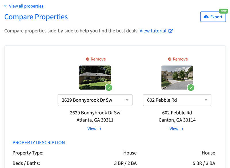 Export property comparisons to CSV files