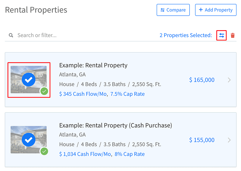 Start comparing properties by selecting them from your list