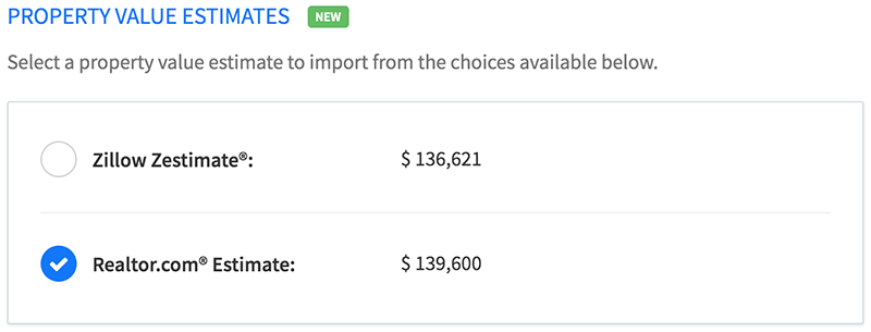 Select from different property value and rent estimates