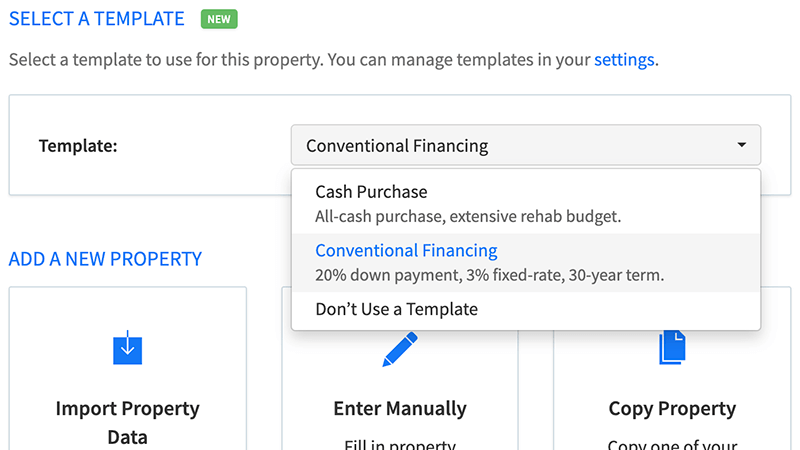 Select a template when adding new properties to DealCheck