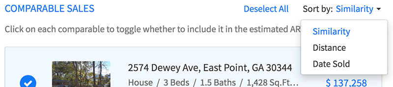 Sort sales & rental comps by similarity, distance or date